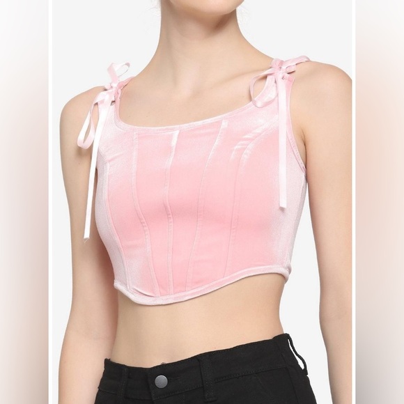 Hot Topic Pink Velvet Lace Up Crop Corset Size Medium Gothic sleeveless - Picture 2 of 9